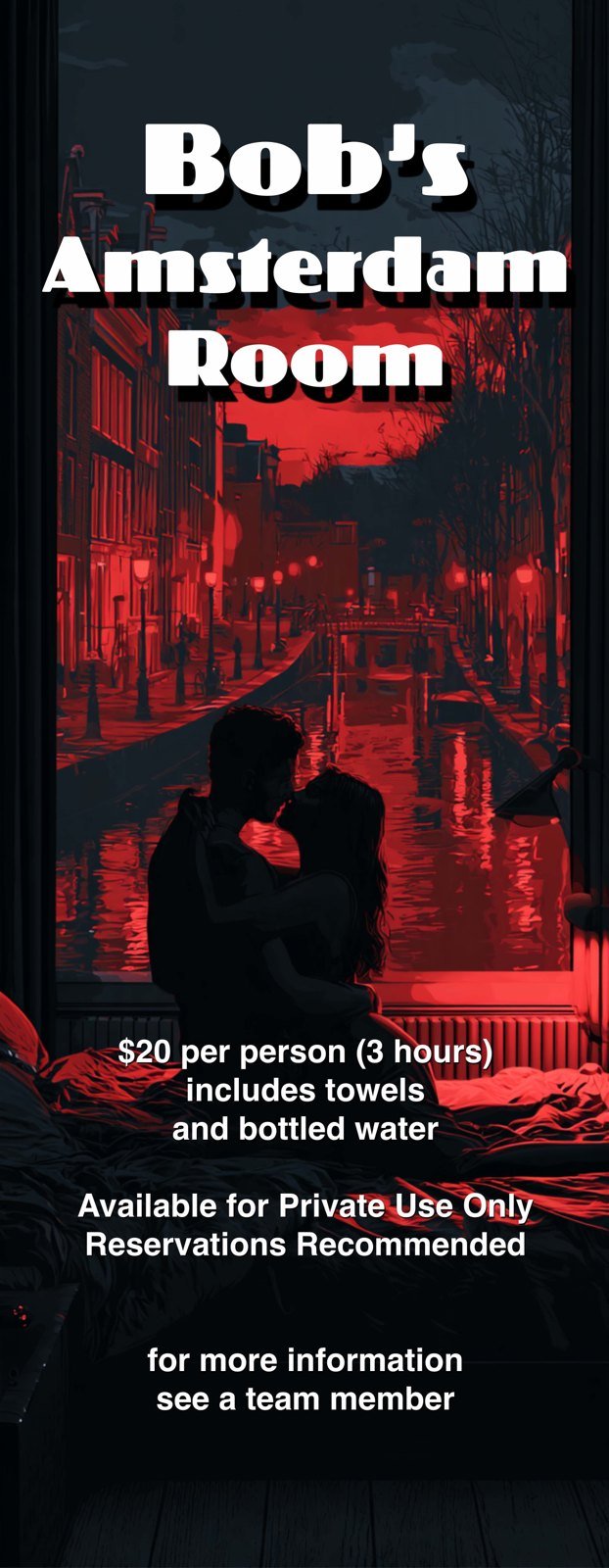 Door sign for Bob's Amsterdam Room: a couple embracing in silhouette at a window overlooking a red-lit Amsterdam canal at night